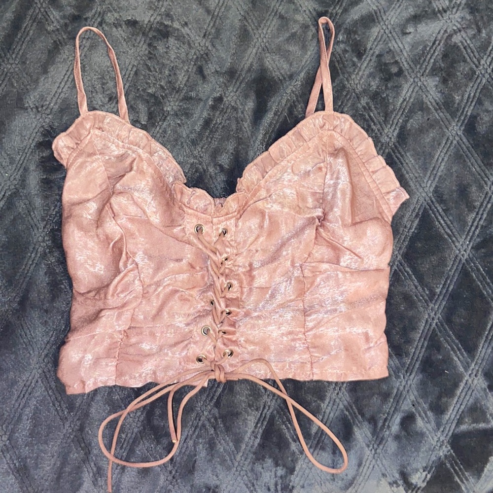 Lace Up Front Shirred Crop Cami Top